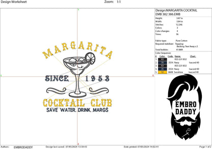 Machine Embroidery files, Margarita cocktail club, DST, PES, xxx, hus & more