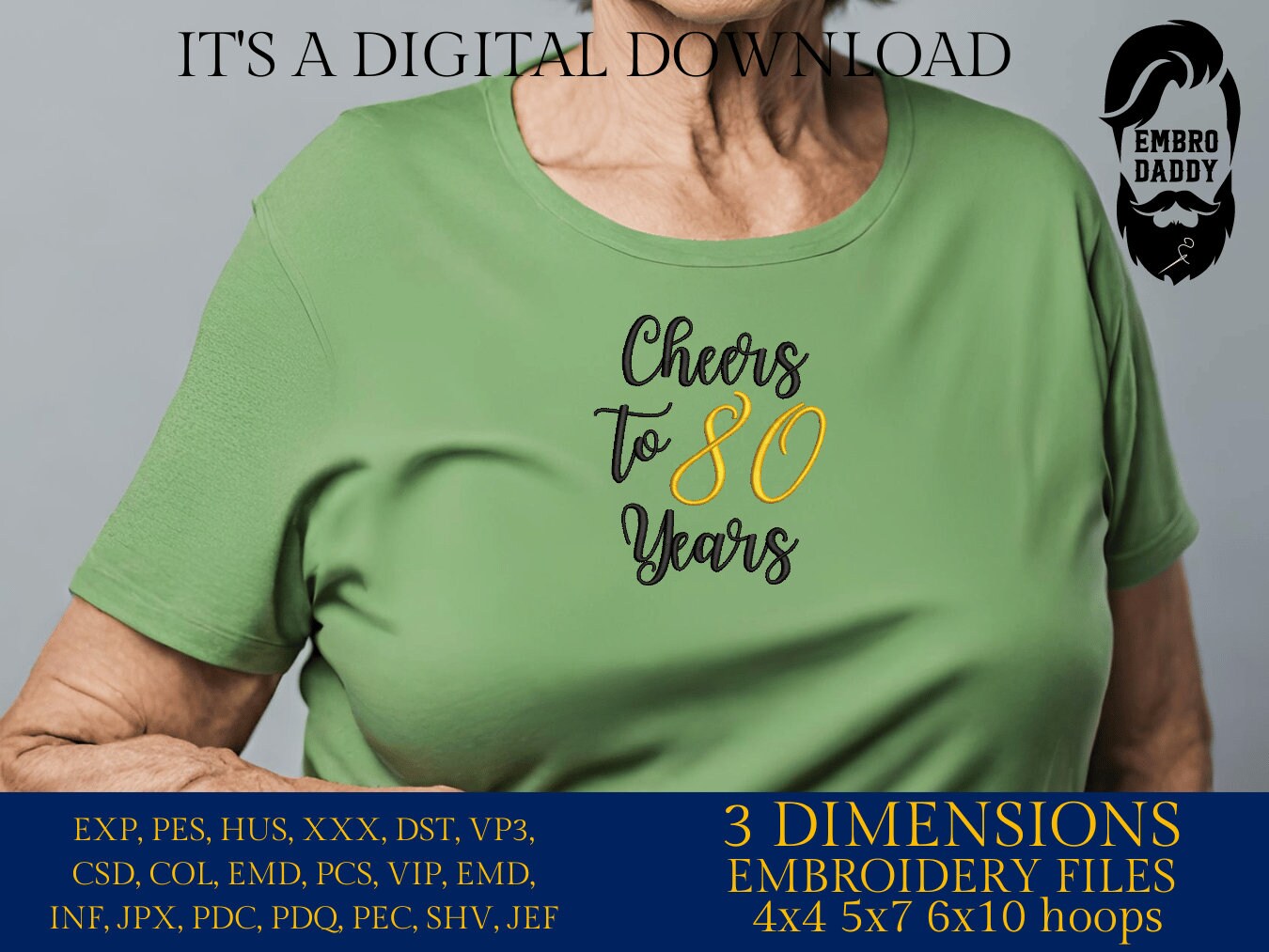 Machine Embroidery files, Cheers to 80 years, 80 th birthday , 80 years old funny, gift idea PES, xxx, hus & more