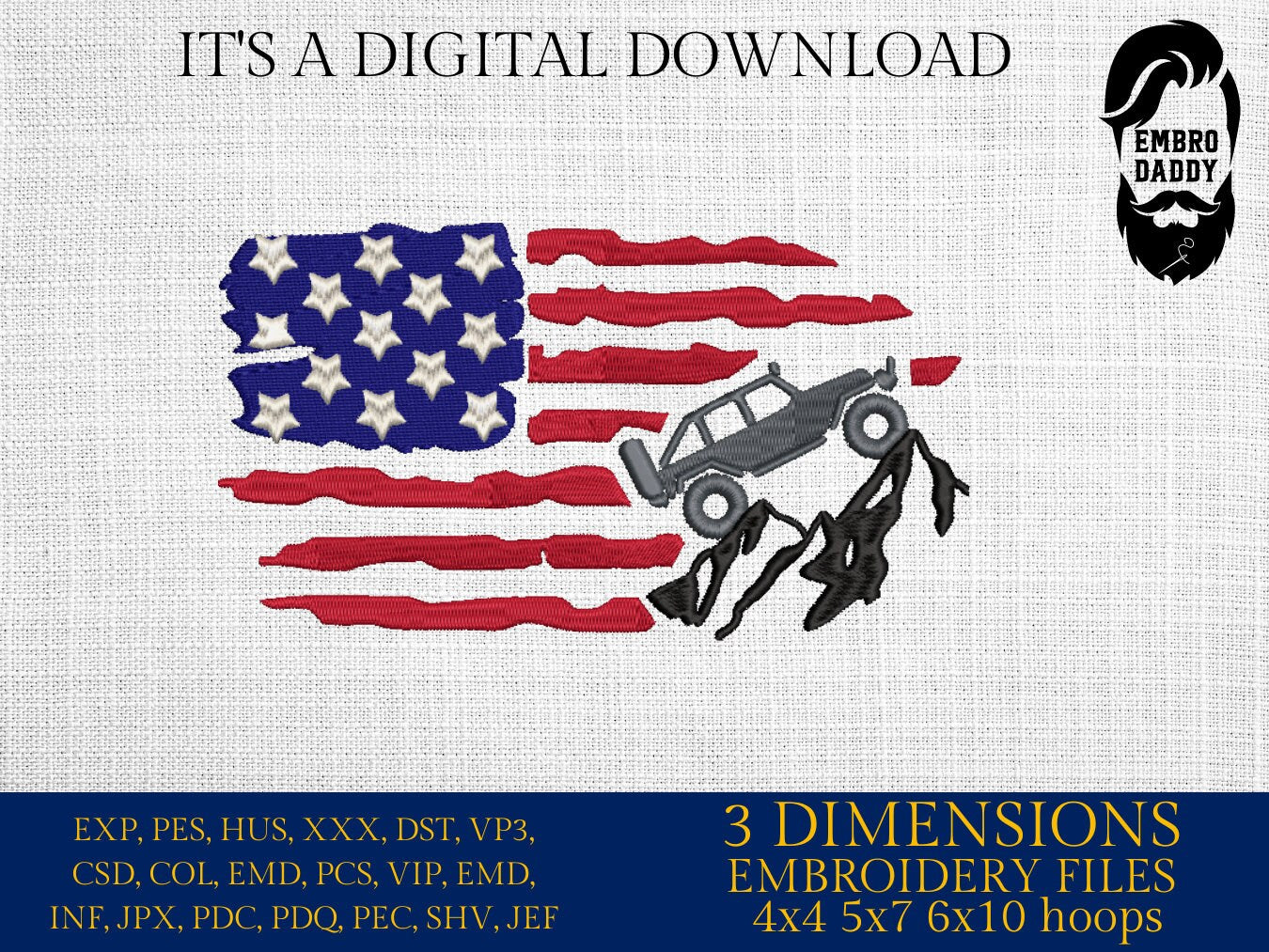 Machine Embroidery files, American Flag, offroad car, PES, dst, xxx hus & more