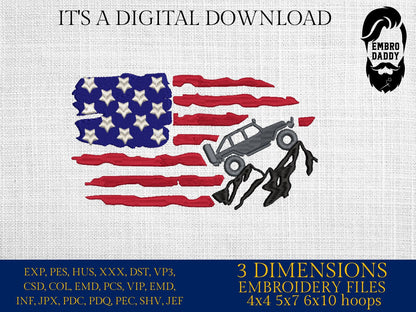 Machine Embroidery files, American Flag, offroad car, PES, dst, xxx hus & more