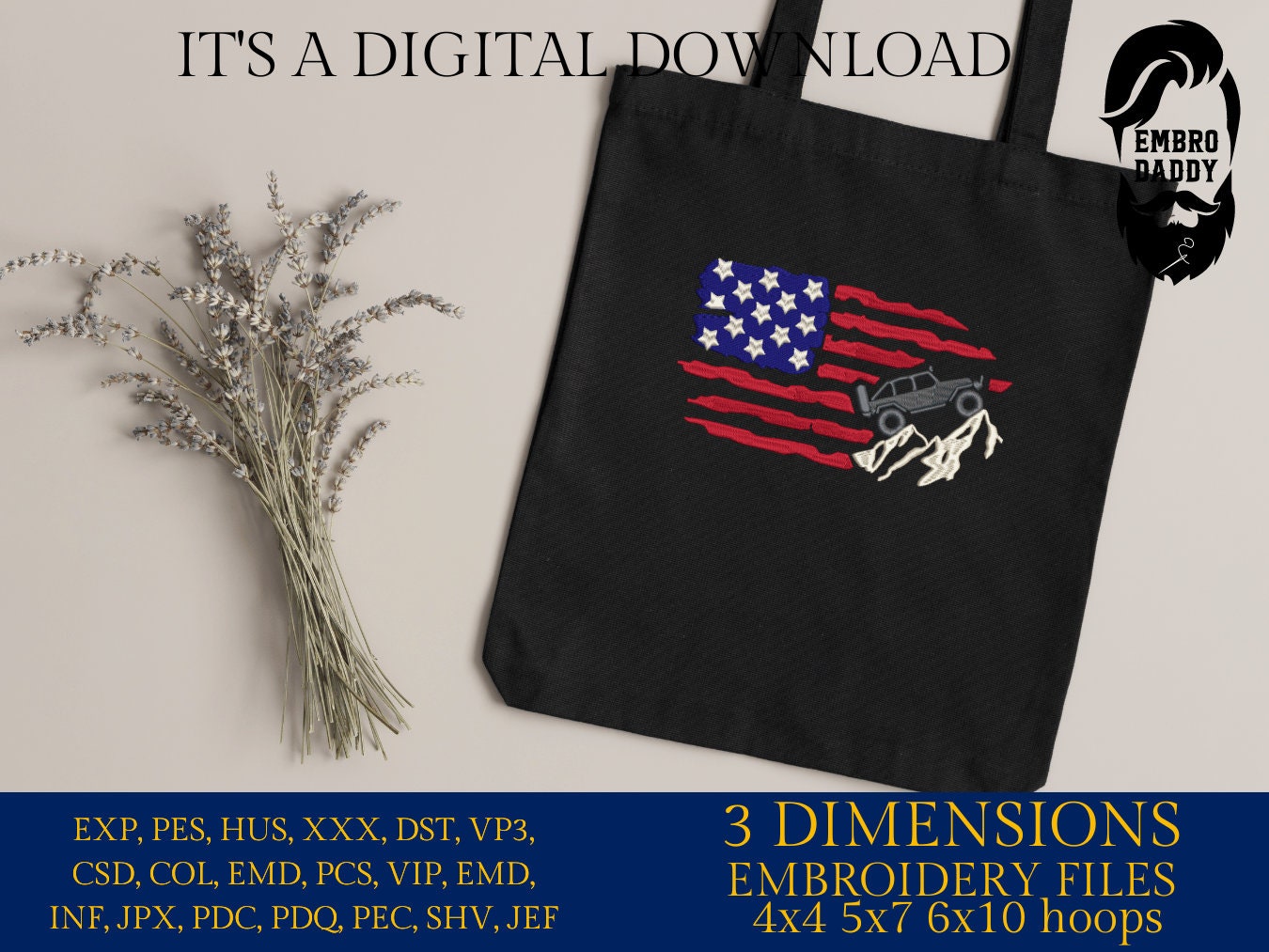 Machine Embroidery files, American Flag, offroad car, PES, dst, xxx hus & more