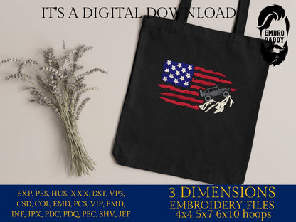 Machine Embroidery files, American Flag, offroad car, PES, dst, xxx hus & more