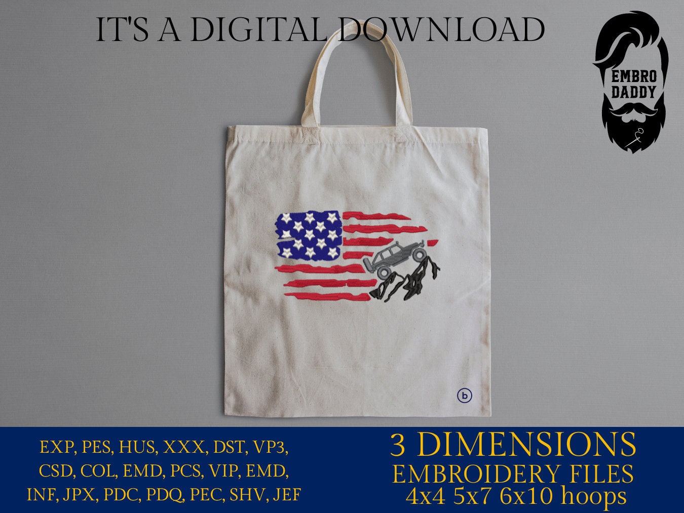 Machine Embroidery files, American Flag, offroad car, PES, dst, xxx hus & more