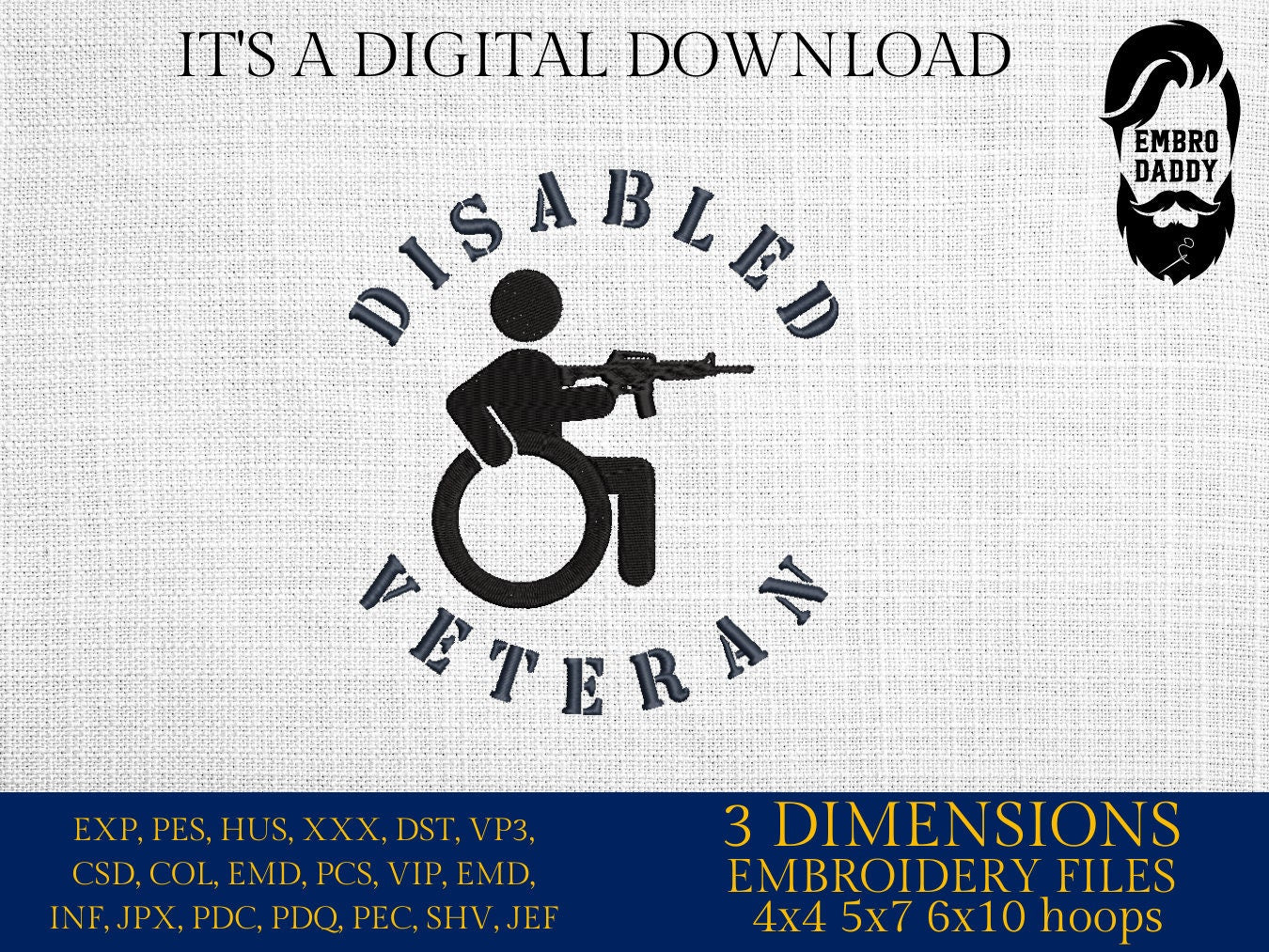 Machine Embroidery files, Disable veteran, PES, dst, xxx hus & more