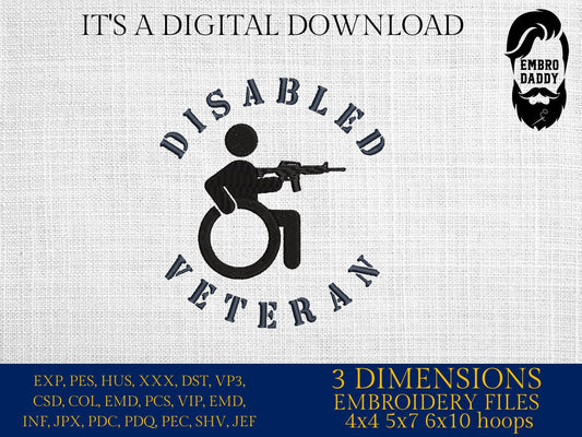 Machine Embroidery files, Disable veteran, PES, dst, xxx hus & more