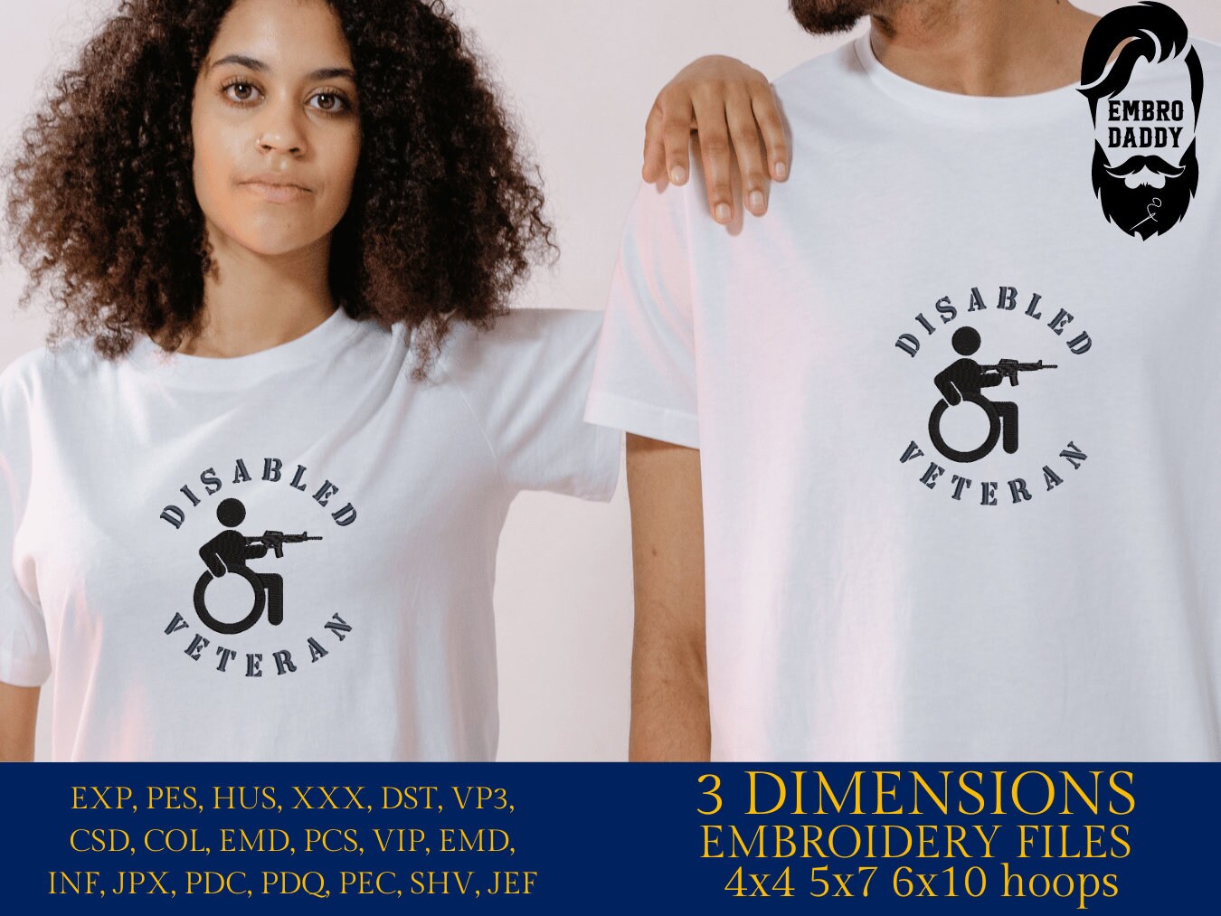 Machine Embroidery files, Disable veteran, PES, dst, xxx hus & more