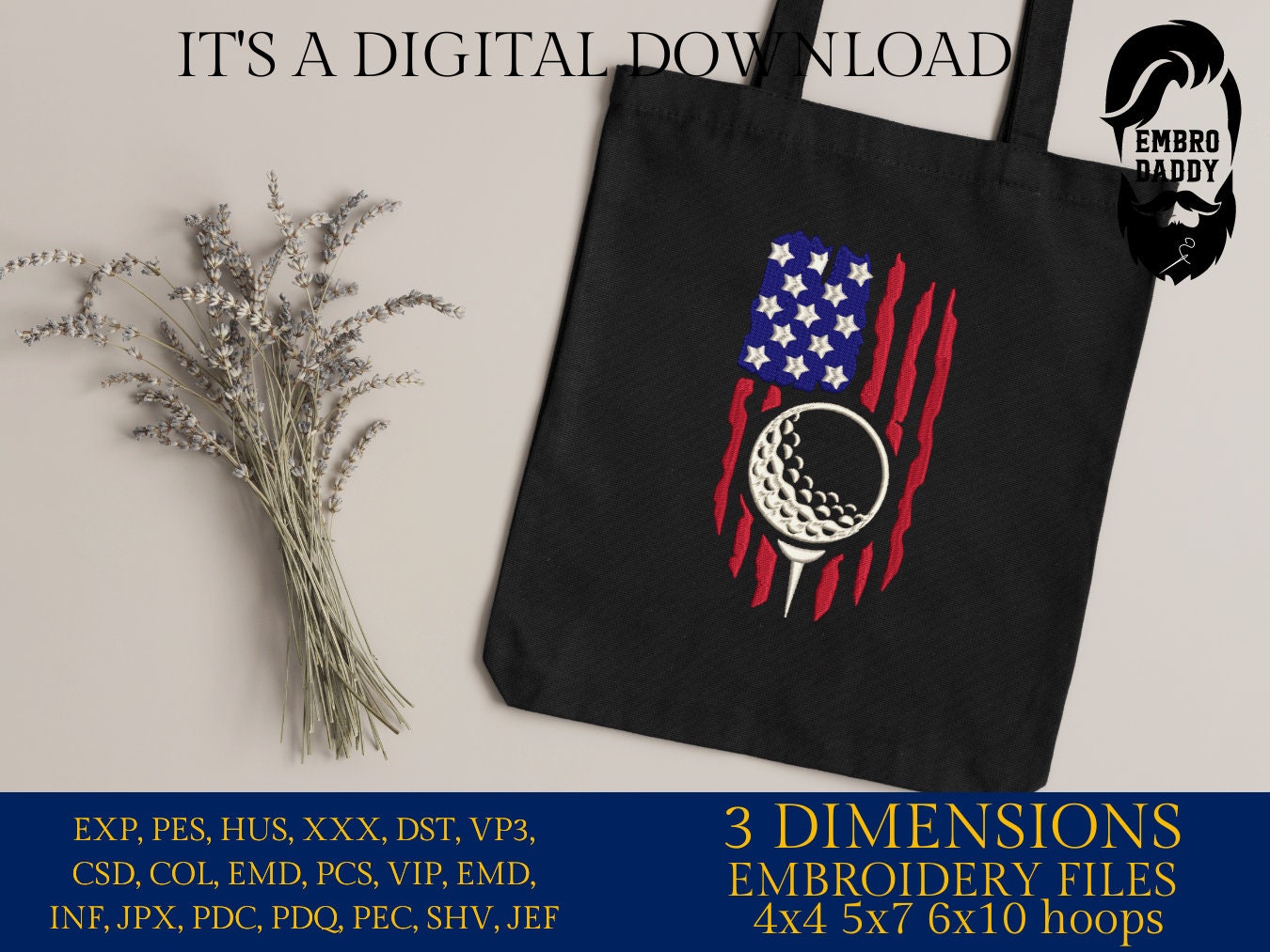 Machine Embroidery files, Golf Usa flag, PES, DST, hus & more