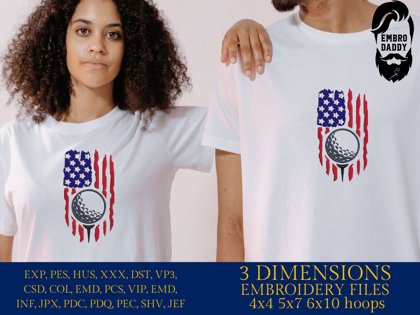 Machine Embroidery files, Golf Usa flag, PES, DST, hus & more