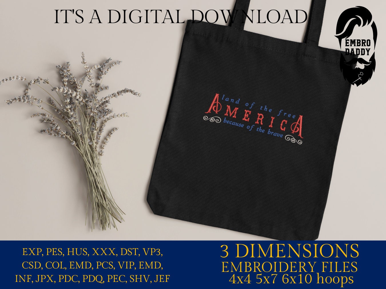 Machine Embroidery files, America land of the free, Patriotic, DST, PES, xxx, hus & more, embroidery files