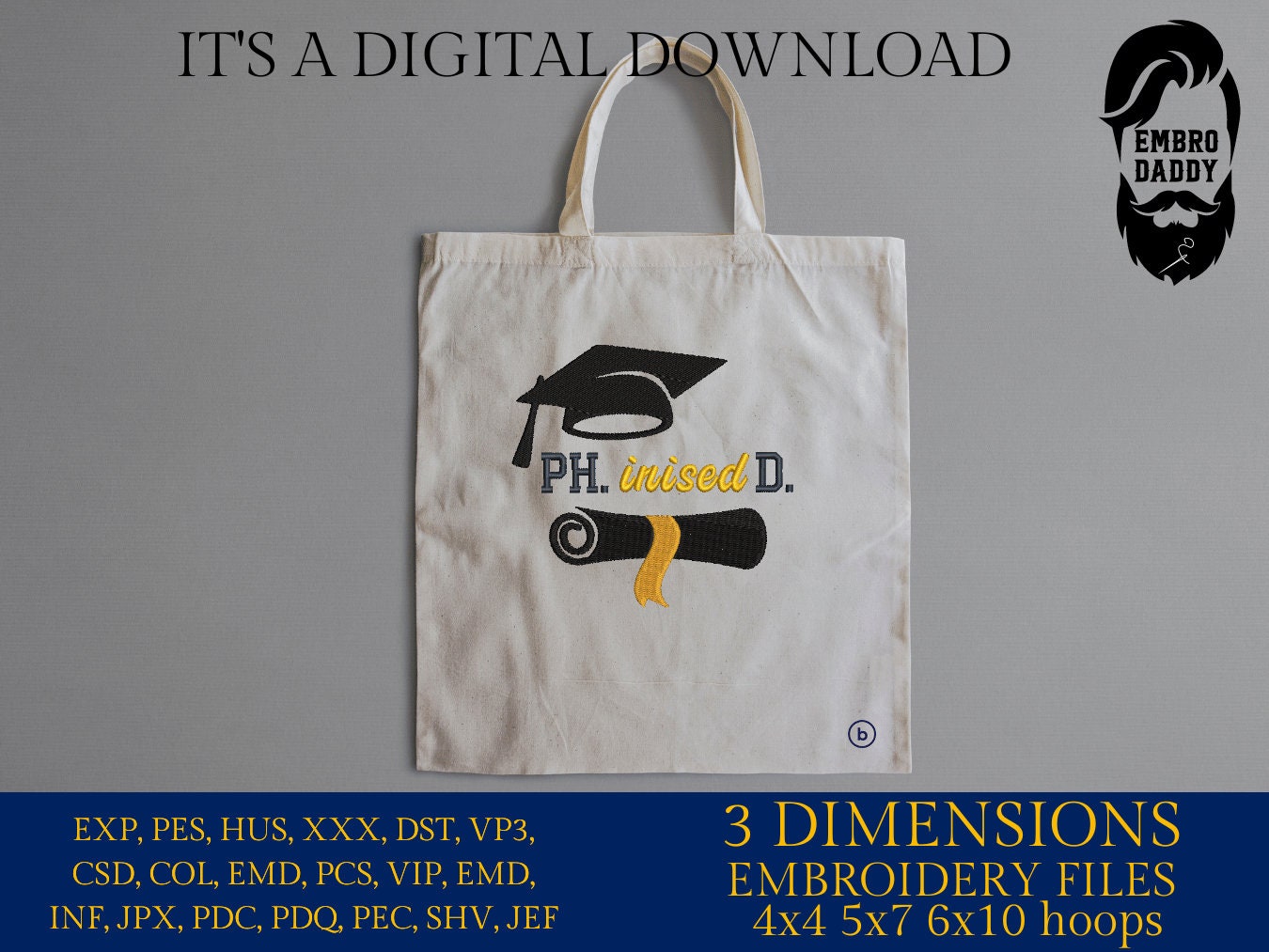 Machine Embroidery files, Phinished, Doctor of Philosophy, PHD Graduate, Doctorate, Doctoral Graduation PES, xxx, hus & more