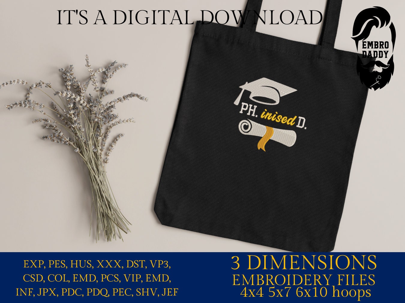 Machine Embroidery files, Phinished, Doctor of Philosophy, PHD Graduate, Doctorate, Doctoral Graduation PES, xxx, hus & more