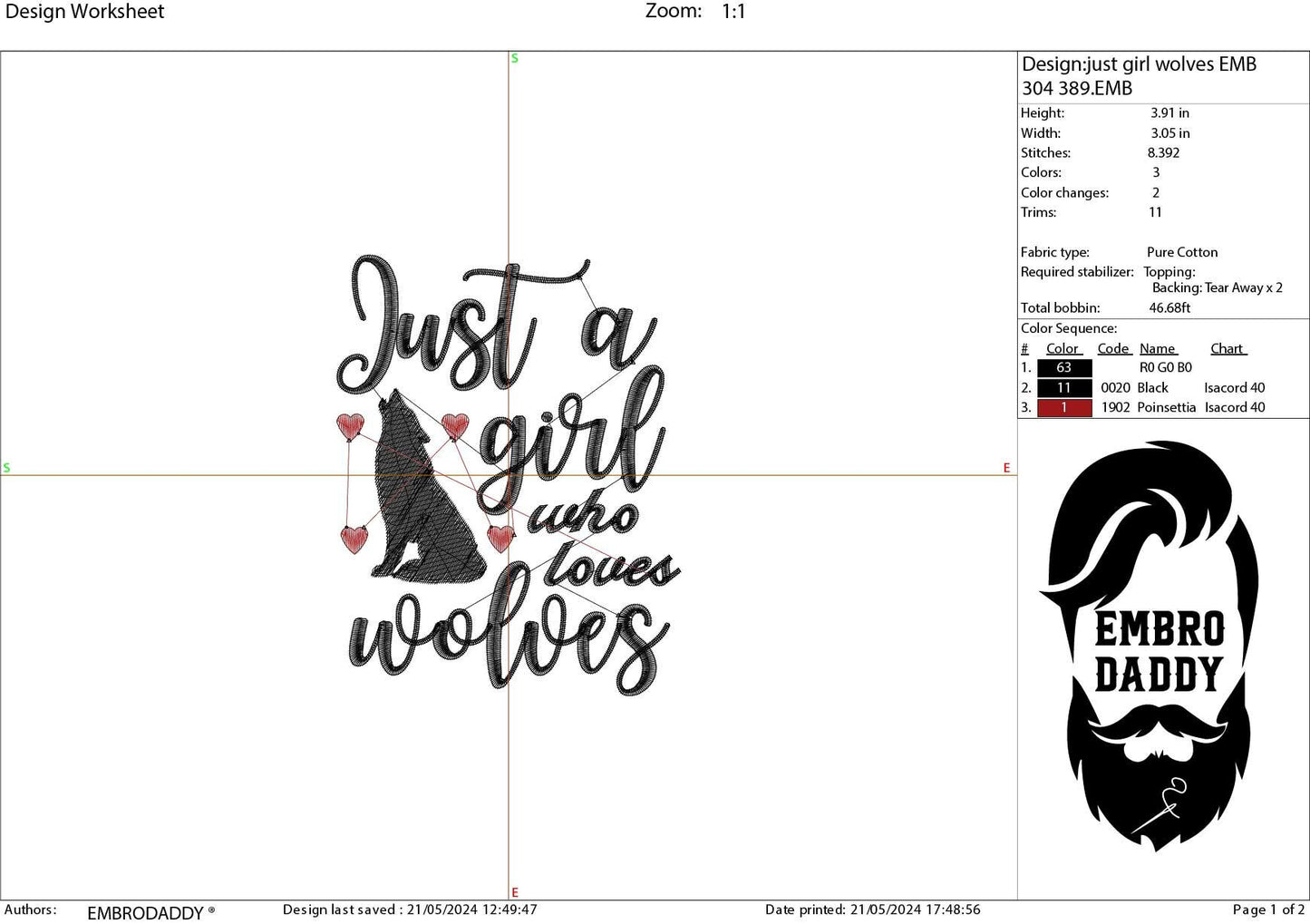 Machine Embroidery files, just a girl who loves wolves, PES, DST, xxx, hus & more