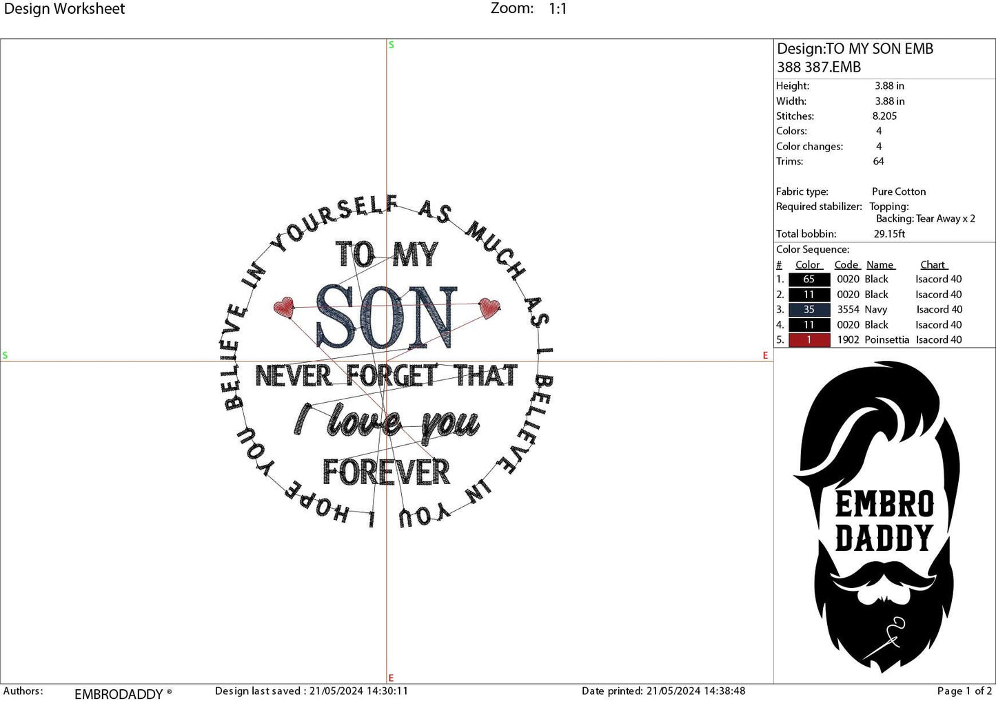 Machine Embroidery files, to my son, never forget I love you forever PES, DST, xxx, hus & more