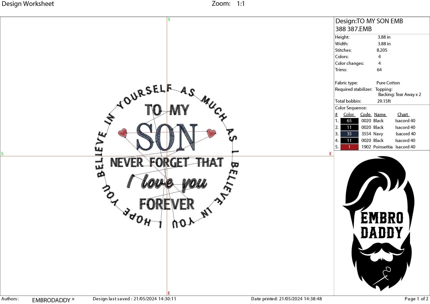 Machine Embroidery files, to my son, never forget I love you forever PES, DST, xxx, hus & more