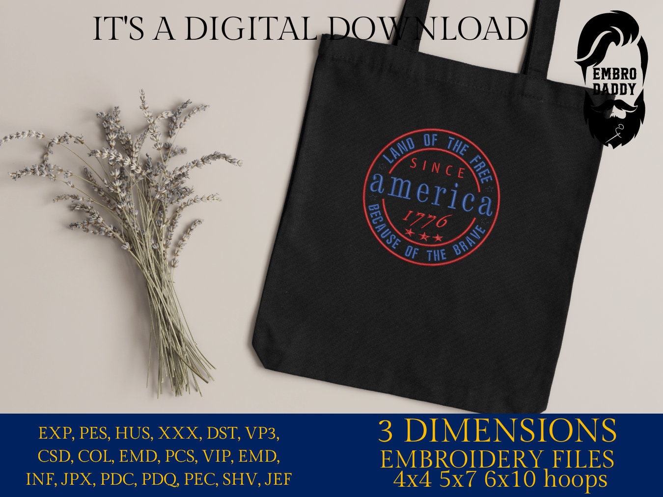 Machine Embroidery files, America land of the free sice 1776, PES, xxx, hus, dst & more