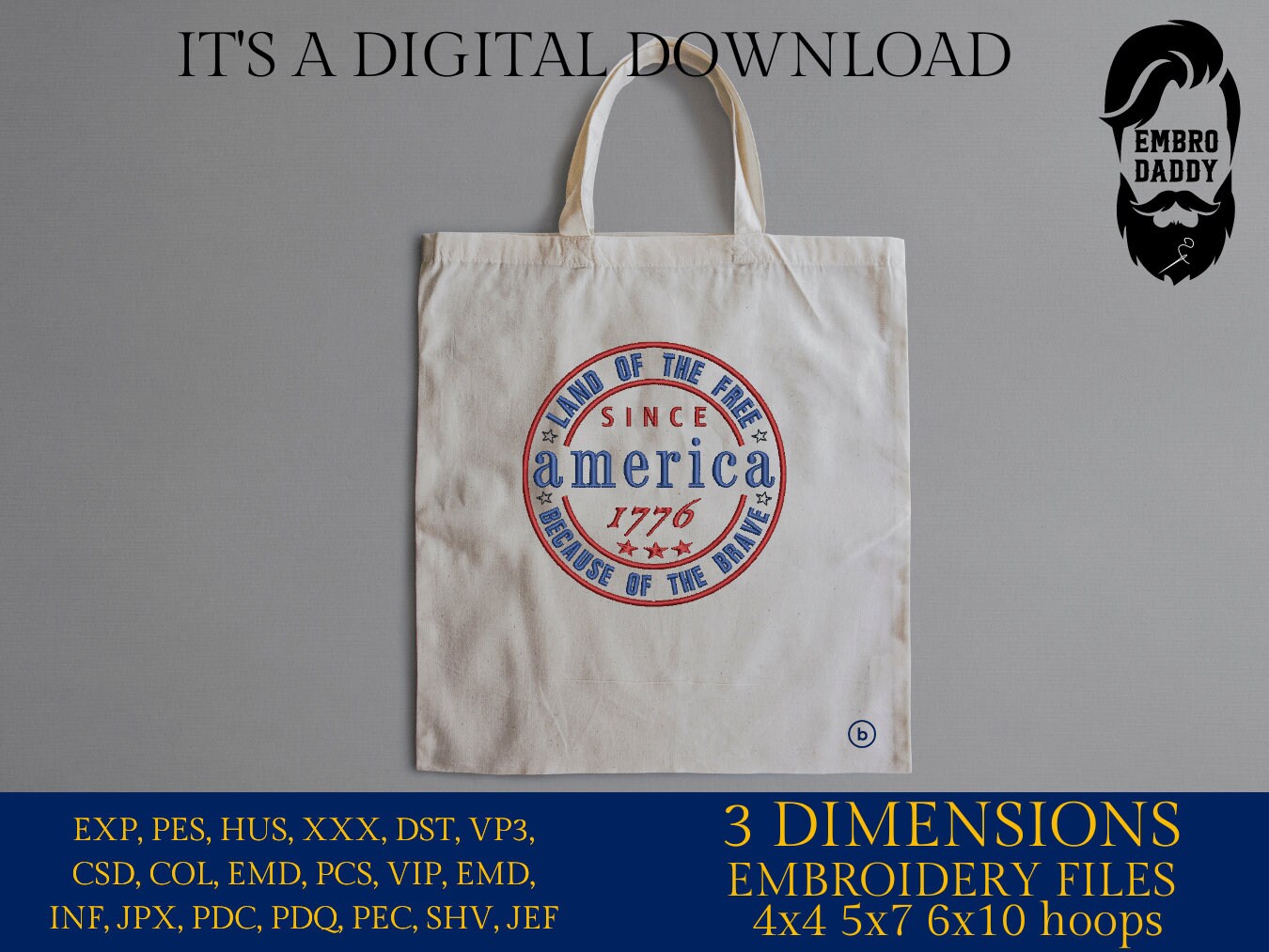 Machine Embroidery files, America land of the free sice 1776, PES, xxx, hus, dst & more