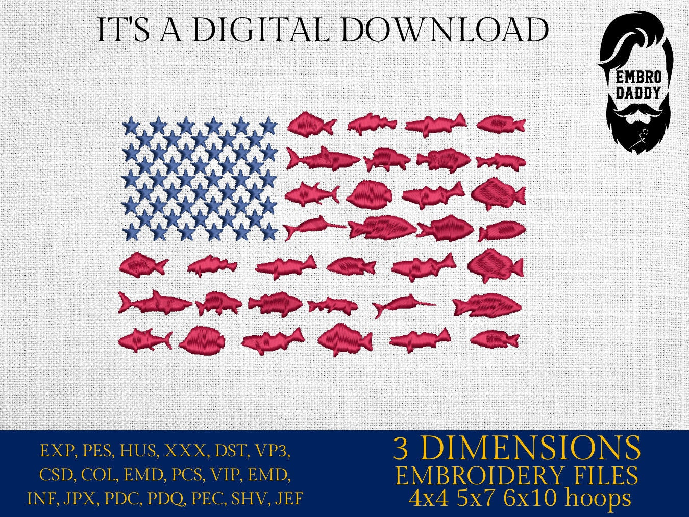 Machine Embroidery files, fish USA flag, American Flag, PES, DST, xxx, hus & more