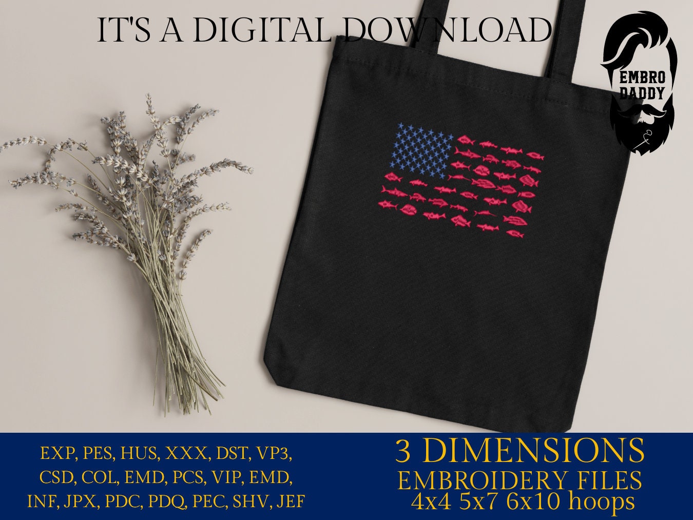 Machine Embroidery files, fish USA flag, American Flag, PES, DST, xxx, hus & more