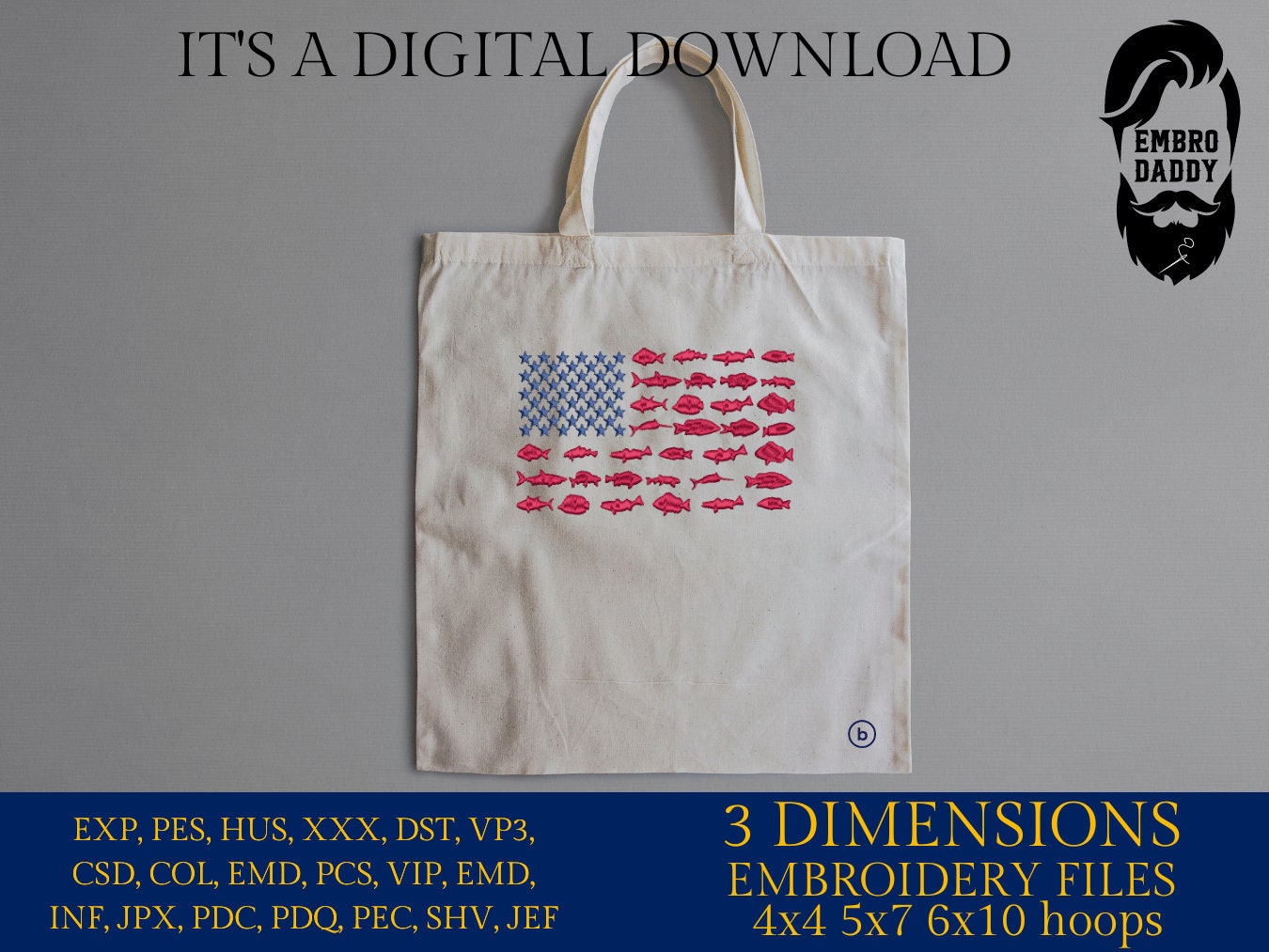 Machine Embroidery files, fish USA flag, American Flag, PES, DST, xxx, hus & more