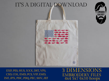 Machine Embroidery files, fish USA flag, American Flag, PES, DST, xxx, hus & more