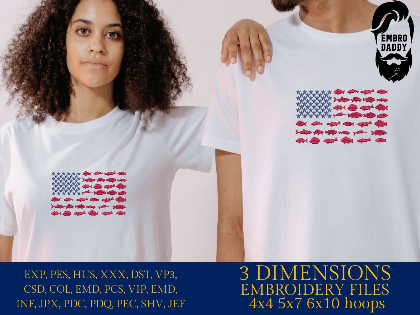 Machine Embroidery files, fish USA flag, American Flag, PES, DST, xxx, hus & more