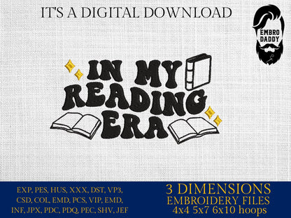 Machine Embroidery files, in my reading era, embroidery files, PES, xxx, hus & more, embroidery files