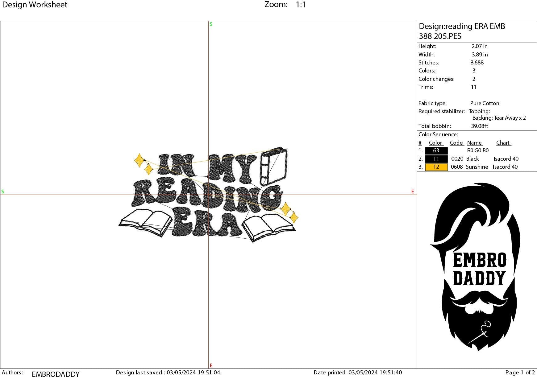 Machine Embroidery files, in my reading era, embroidery files, PES, xxx, hus & more, embroidery files