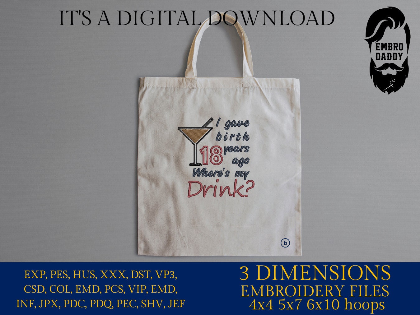 Machine Embroidery files, I gave birth 18 year ago, drink, funny , DST, PES, xxx, hus & more