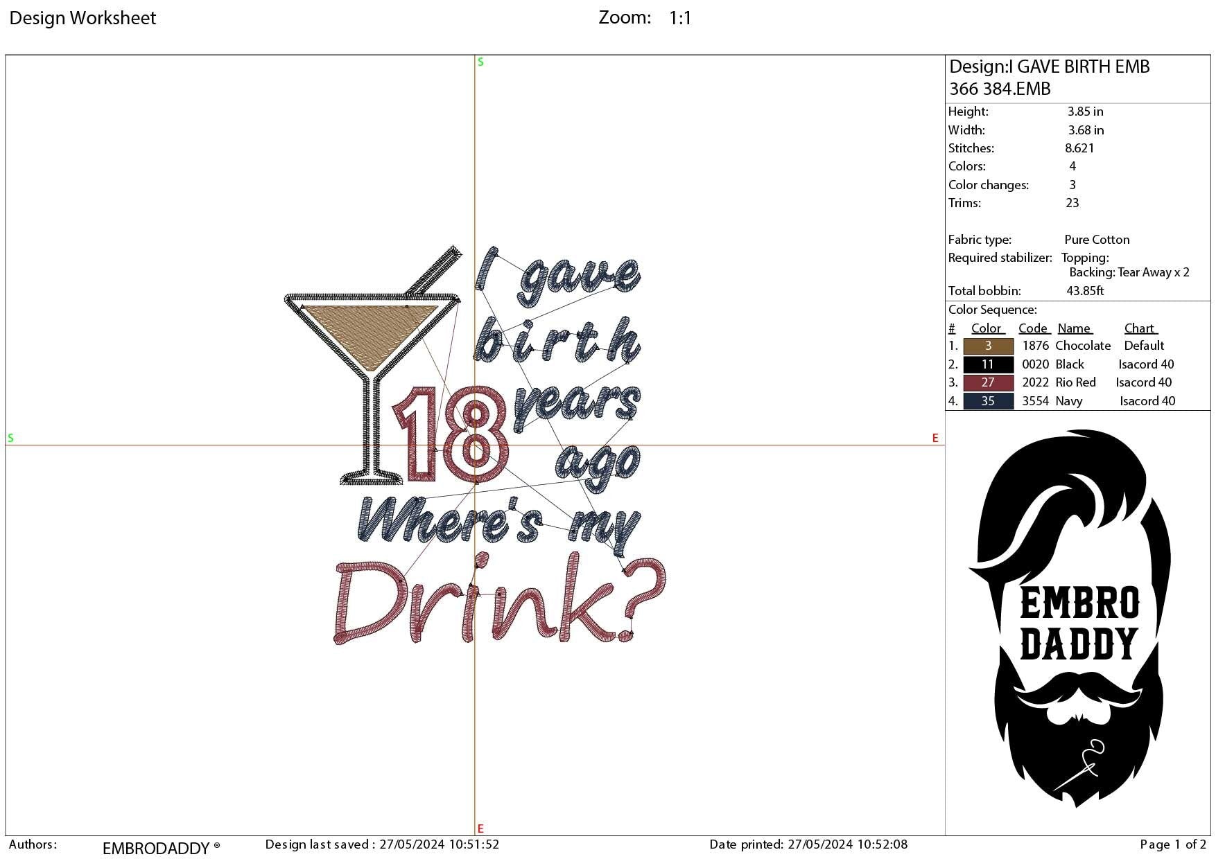 Machine Embroidery files, I gave birth 18 year ago, drink, funny , DST, PES, xxx, hus & more