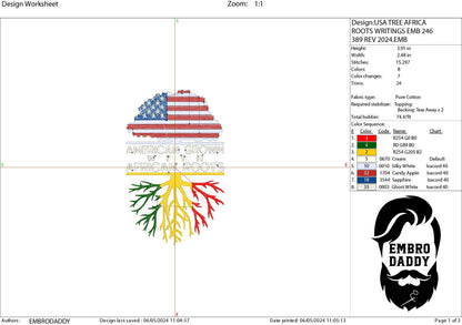 Machine Embroidery, American Grown African Roots Family Quote, gift idea PES, xxx, hus & more, Family reunion American Flag African Flag