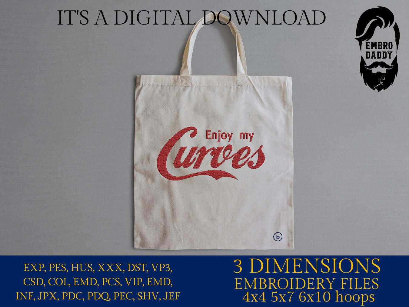 Machine Embroidery files, Enjoy my Curves , PES, DST, xxx, hus & more
