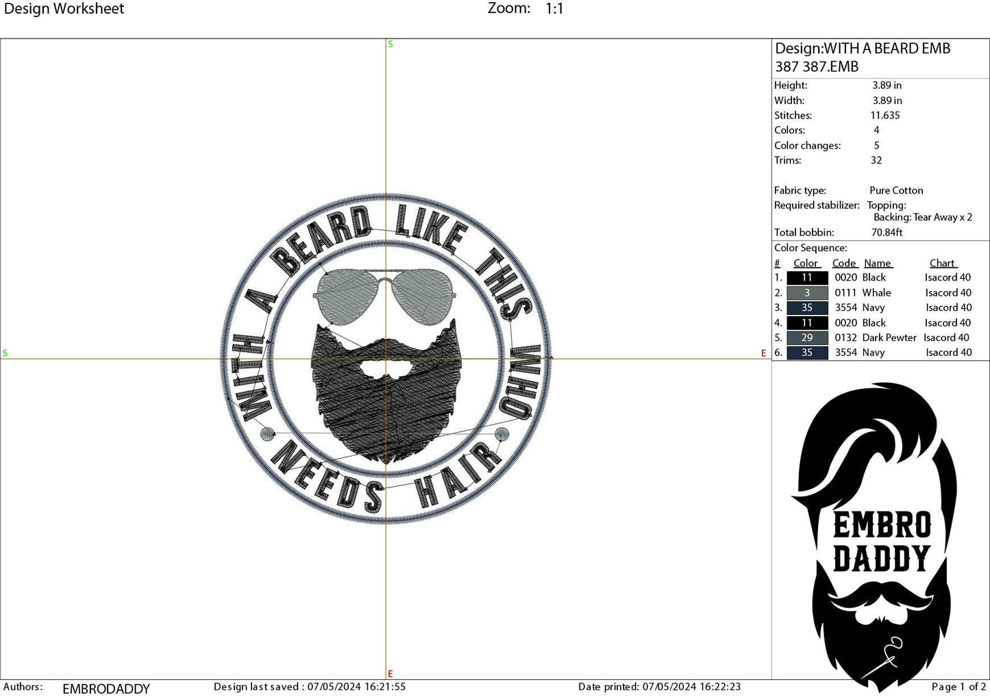 Machine Embroidery files, with a beard like this who needs hair, DST PES, xxx hus & more