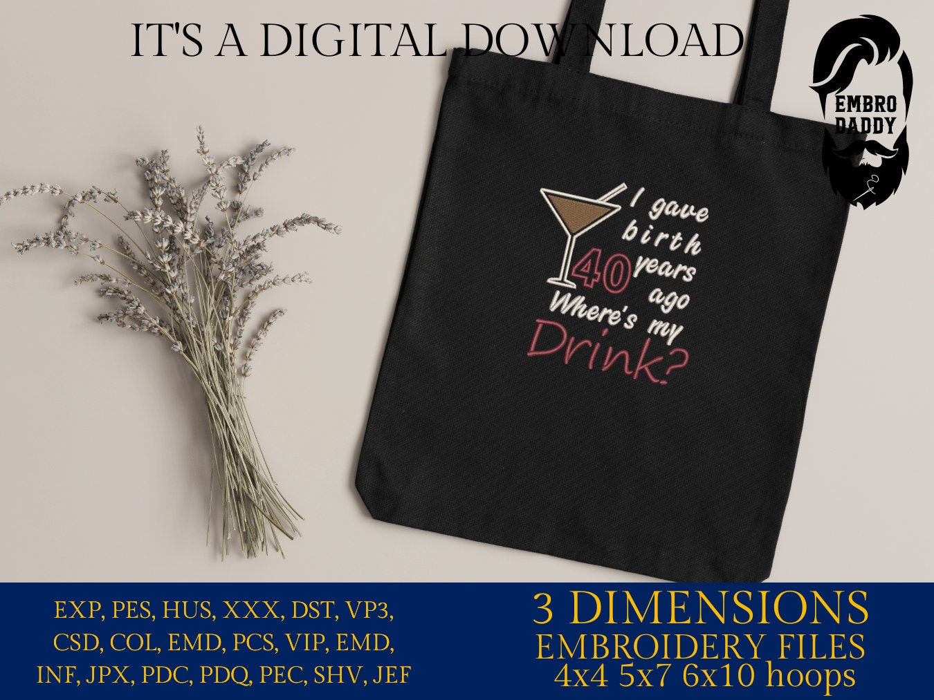 Machine Embroidery files, I gave birth 40 year ago, drink, funny , DST, PES, xxx, hus & more