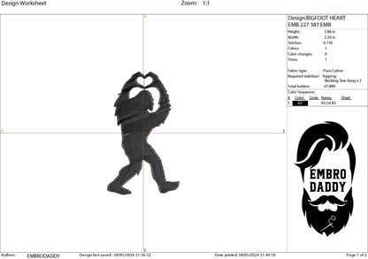 Machine Embroidery files, bigfoot heart, PES, xxx, hus & more