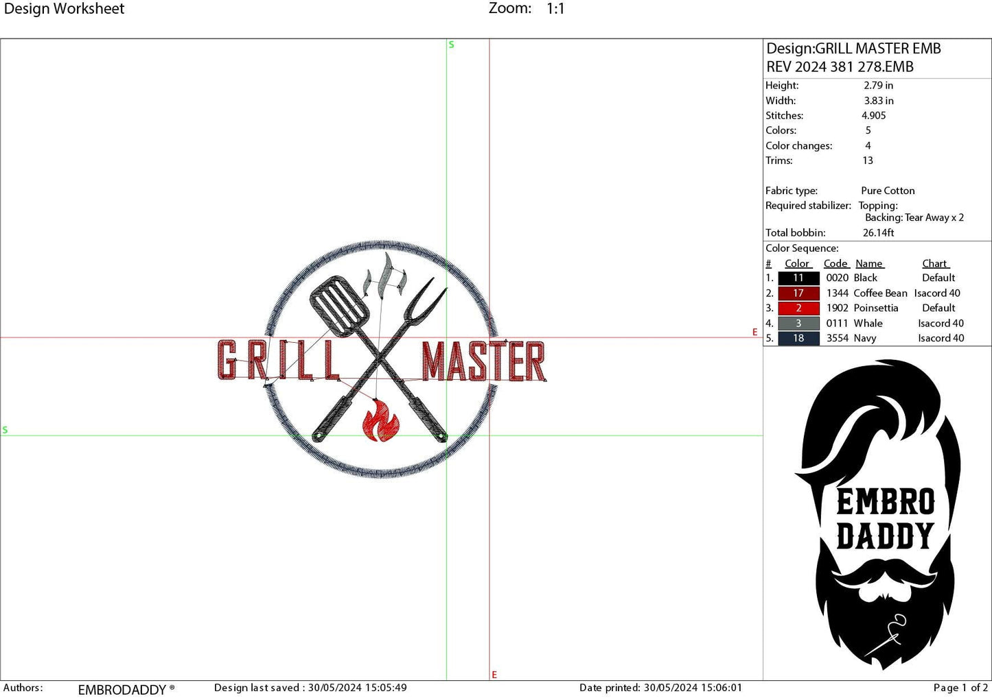 Machine Embroidery files, Grill Master, Father's Day Apron, funny embroidery files, gift idea PES, hus & more