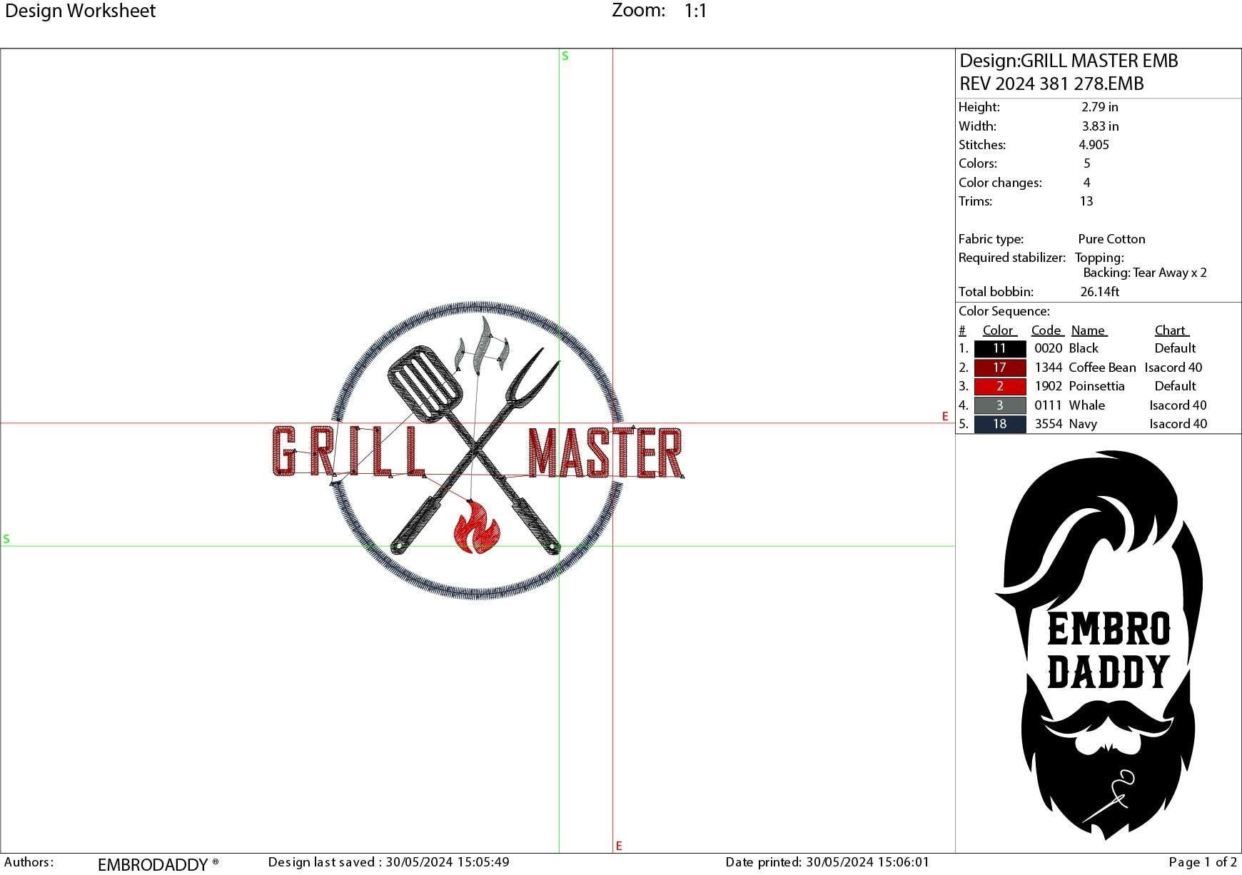 Machine Embroidery files, Grill Master, Father's Day Apron, funny embroidery files, gift idea PES, hus & more