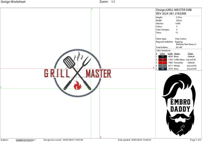 Machine Embroidery files, Grill Master, Father's Day Apron, funny embroidery files, gift idea PES, hus & more