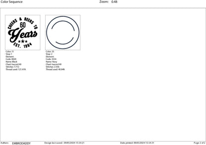 Machine Embroidery files, Cheer and beers to 60 years, birthday funny embroidery files, gift idea PES, xxx, hus & more