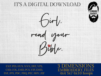 Machine embroidery files, Girl read your Bible, PES, DST, hus & more