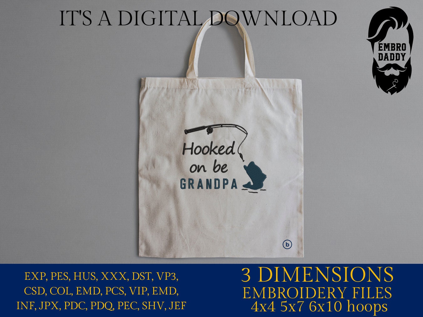 Machine Embroidery files, hooked on being grandpa, PES, DST, hus & more