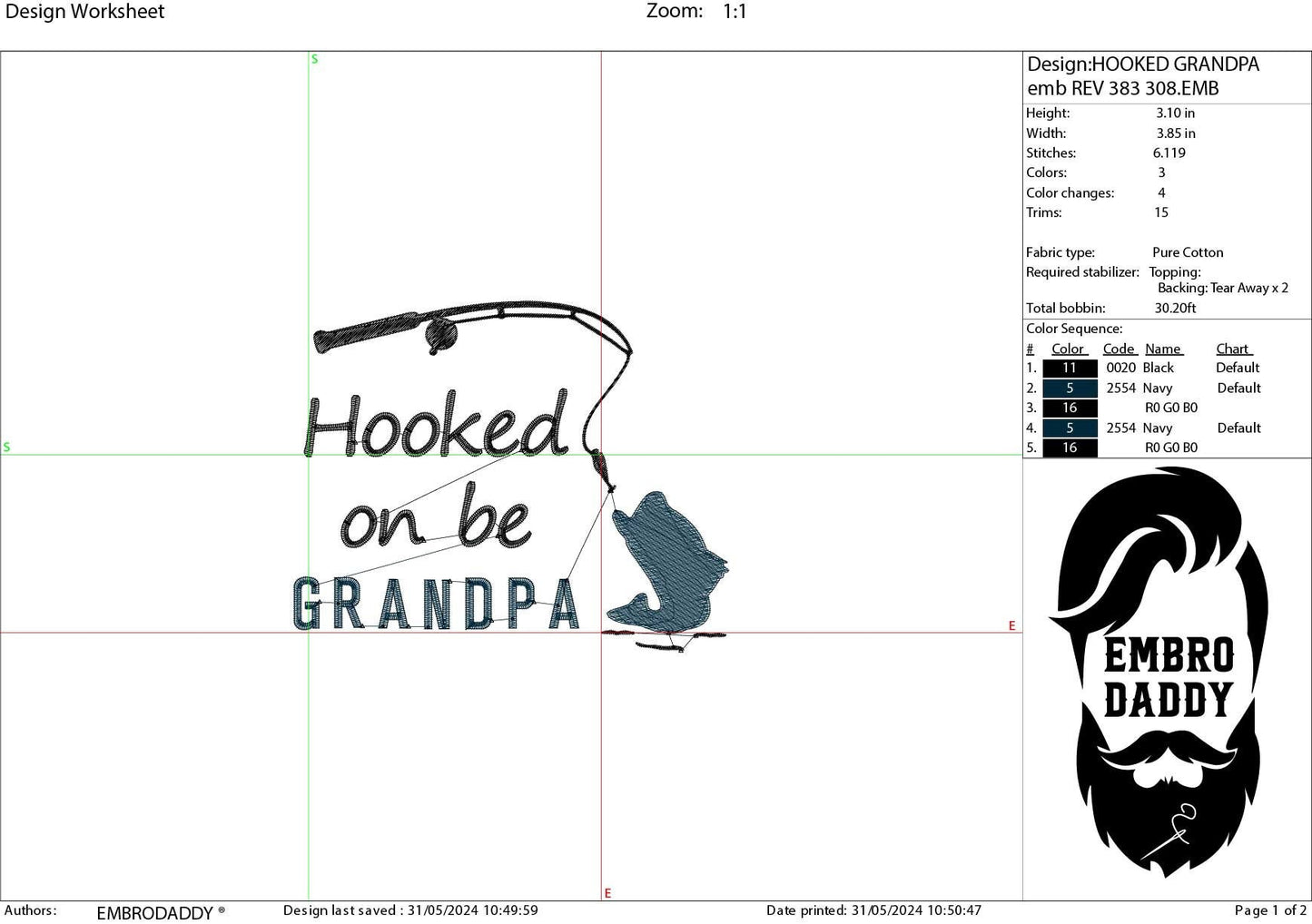 Machine Embroidery files, hooked on being grandpa, PES, DST, hus & more