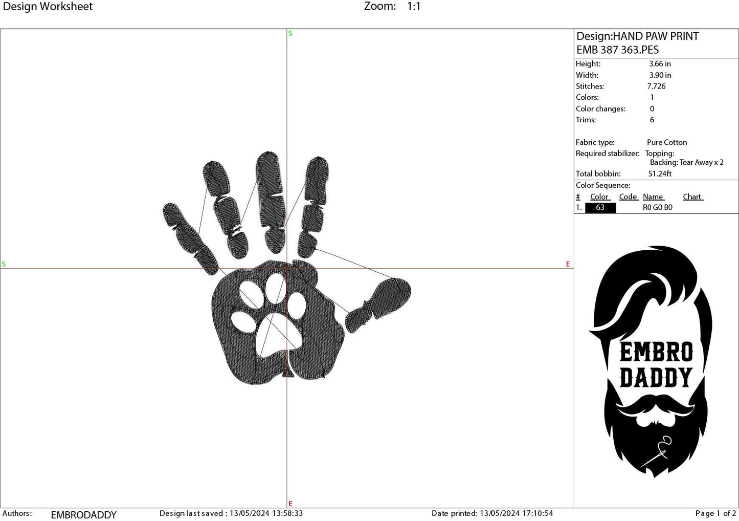 Machine Embroidery files, Paws hand, PES, hus, dst, vp3 & more