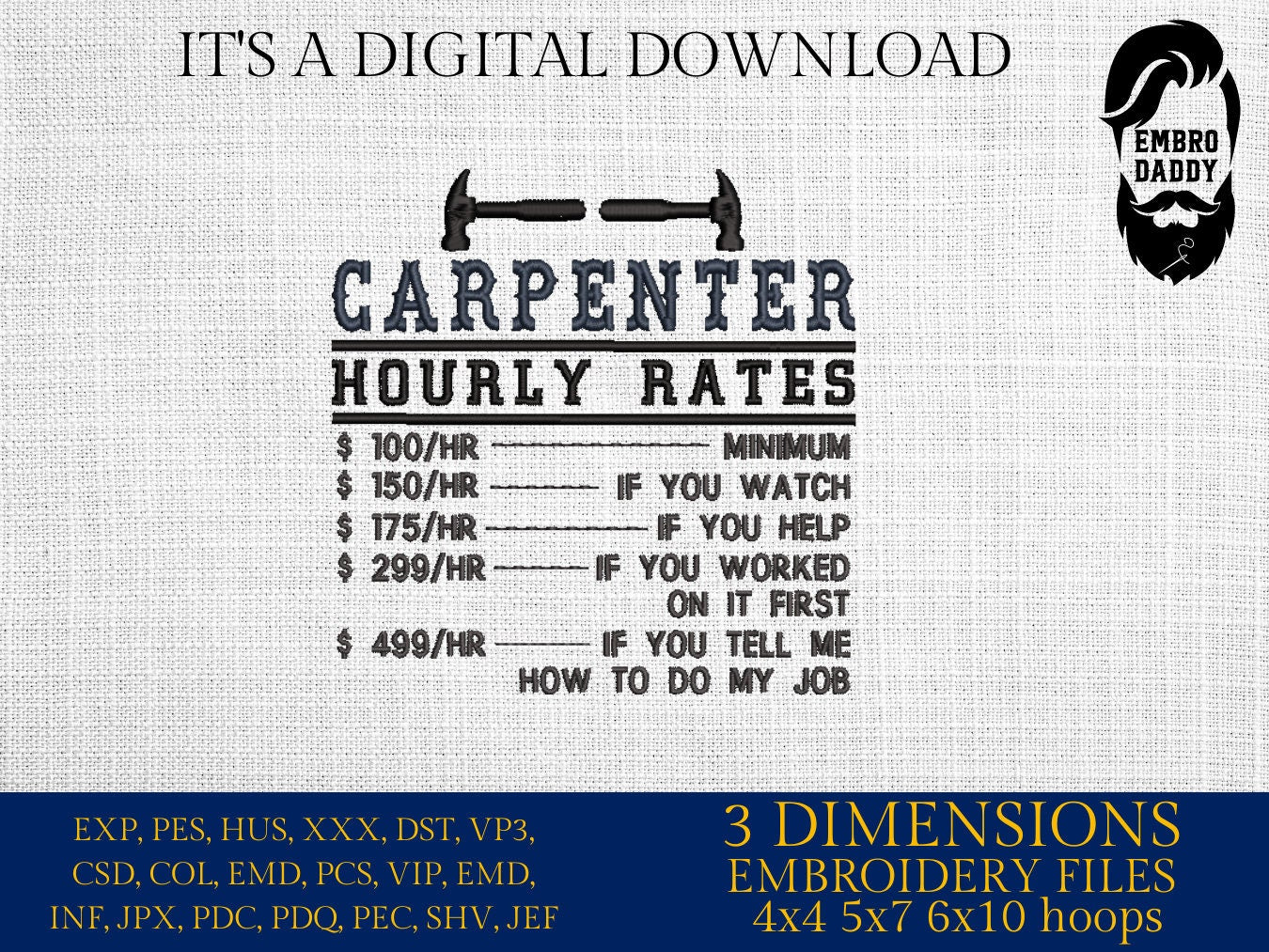 Machine Embroidery files, Carpenter hourly rates, Arborist, PES, dst, xxx, hus & more