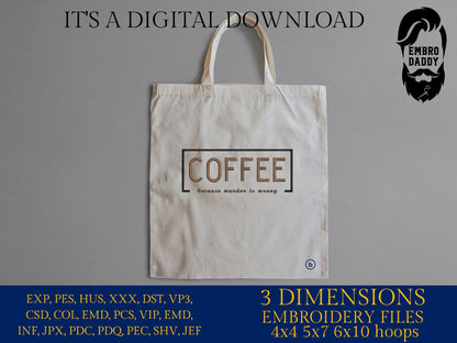 Machine Embroidery files, Coffee because murder is wrong, DST, PES, xxx hus & more,