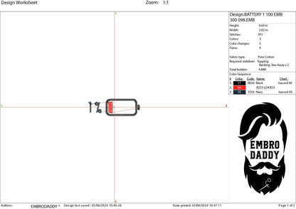 Machine Embroidery files, Battery Charge, Low Battery Charge 1%, PES, xxx, hus & more