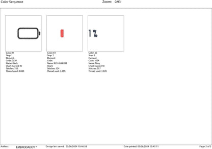Machine Embroidery files, Battery Charge, Low Battery Charge 1%, PES, xxx, hus & more