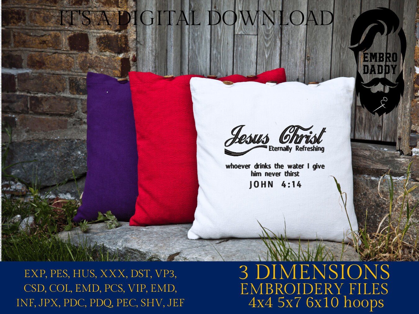 Machine Embroidery files, Jesus Christ eternally refreshing, Christian, PES, xxx, hus & more