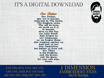 Machine Embroidery files, Lord's Prayer, Our Father, christian, PES, hus, dst, vp3 & more