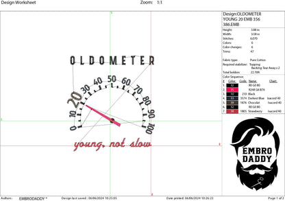 Machine Embroidery files, Oldometer 20 th birthday , 20 years old funny, gift idea PES, xxx, hus & more