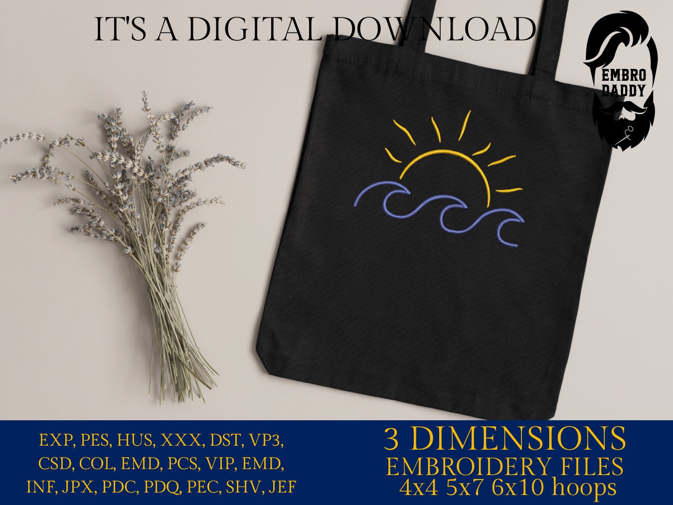 Machine Embroidery files, sunset waves, Summer, PES, DST, xxx, hus and more